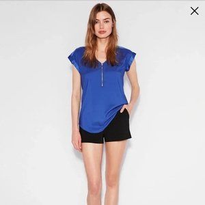 Express royal blue cap sleeve satin top with zip front